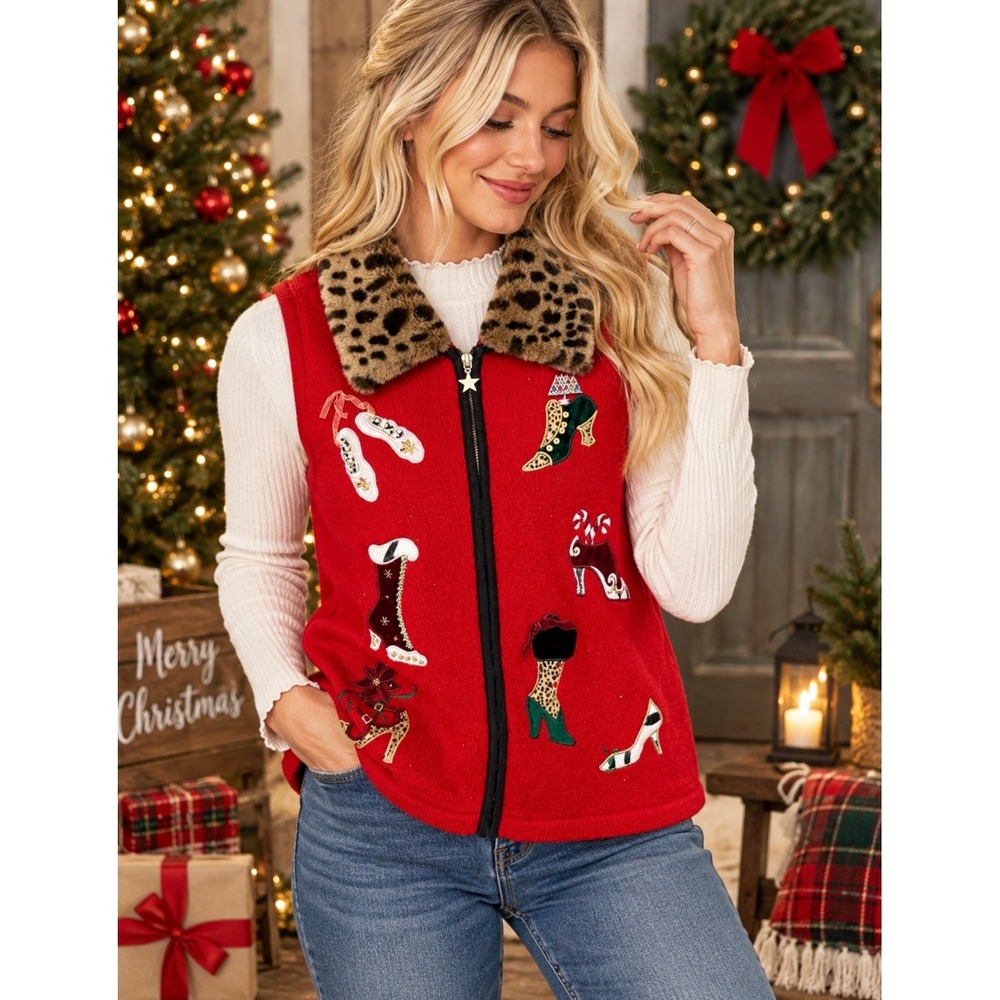 Vintage Christmas Shoe Sweater Vest Red Leopard PXL Unique Novelty Holiday